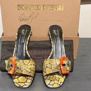 Donald J. Pliner Tortoise and Orange Buckle Mules